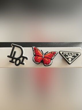 Shoe Charms Set with Red Butterfly and Black Logo Accents